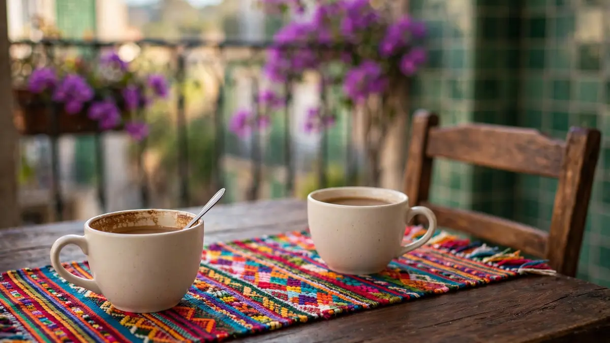 Dos tazas de café en la mesa del balcón, una a medio tomar y la otra intacta, con la silla de enfrente vacía