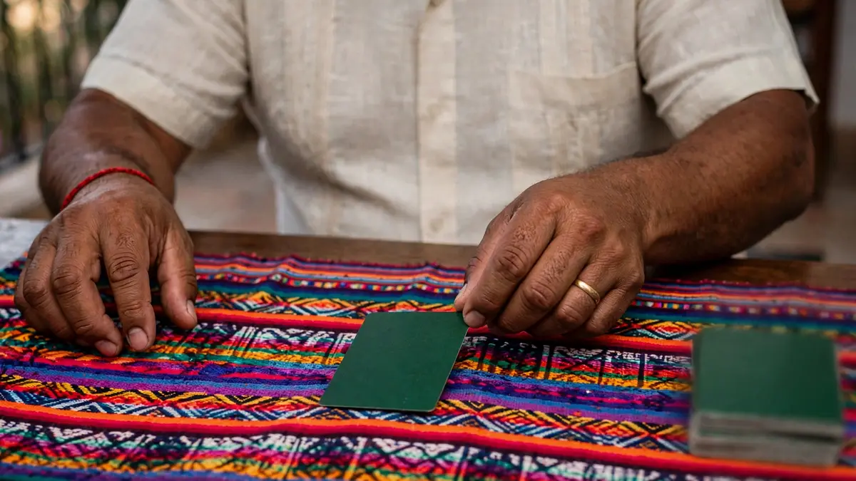 La mano de Juan a punto de dar la vuelta a una carta boca abajo sobre un tapete de colores