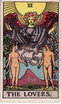 Los Enamorados, del tarot Rider-Waite de 1909