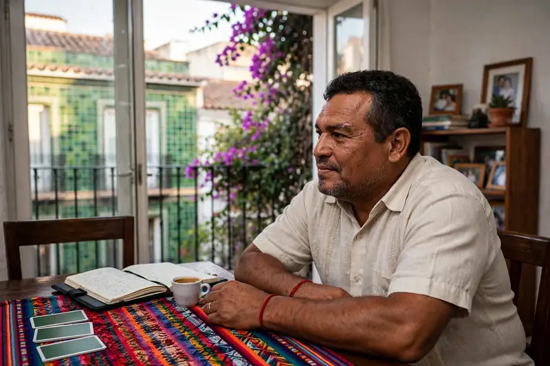 Juan Dalí sentado a su mesa junto al balcón, con tres cartas boca abajo, una libreta y un café