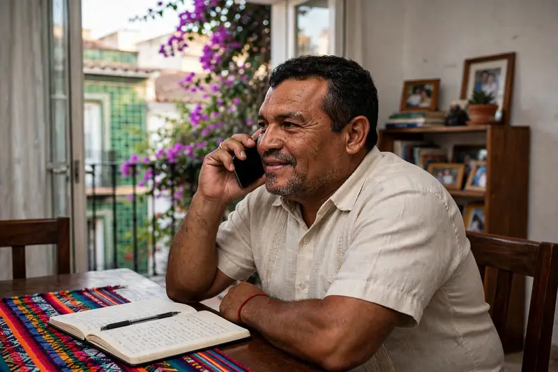 Juan Dalí hablando por teléfono en su mesa, con una libreta abierta delante