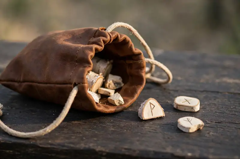 Una bolsa de cuero abierta con las runas de madera de abedul, tres de ellas sobre la mesa