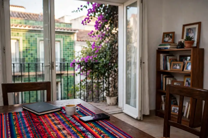El salón de Juan en el Cabanyal: la mesa con el tapete de su madre, el balcón con la buganvilla y la estantería con fotos de la familia